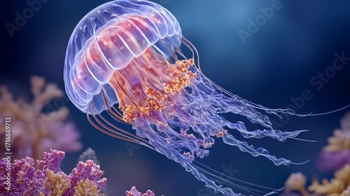 A vibrant jellyfish, with translucent bell and flowing tentacles, drifts gracefully amidst vibrant coral formations.