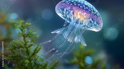 A luminous jellyfish, with vibrant colors and patterns, gracefully floats amidst underwater foliage.