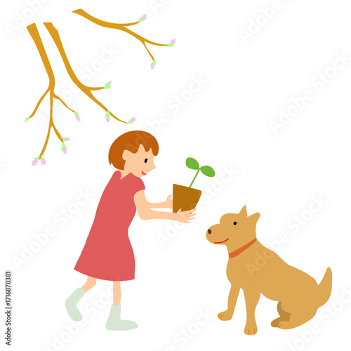 芽が出て喜ぶ女の子と犬