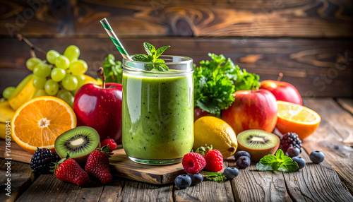 Green Smoothie with Fresh Fruits and Vegetables on Rustic Wooden Table.