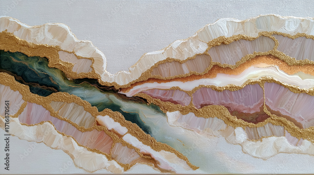 Obraz premium Abstract Layered Geode: An artful display of layered colors and textures, mimicking the natural beauty of a geode, with veins of gold and shimmering hues of pearl and gemstone tones. 