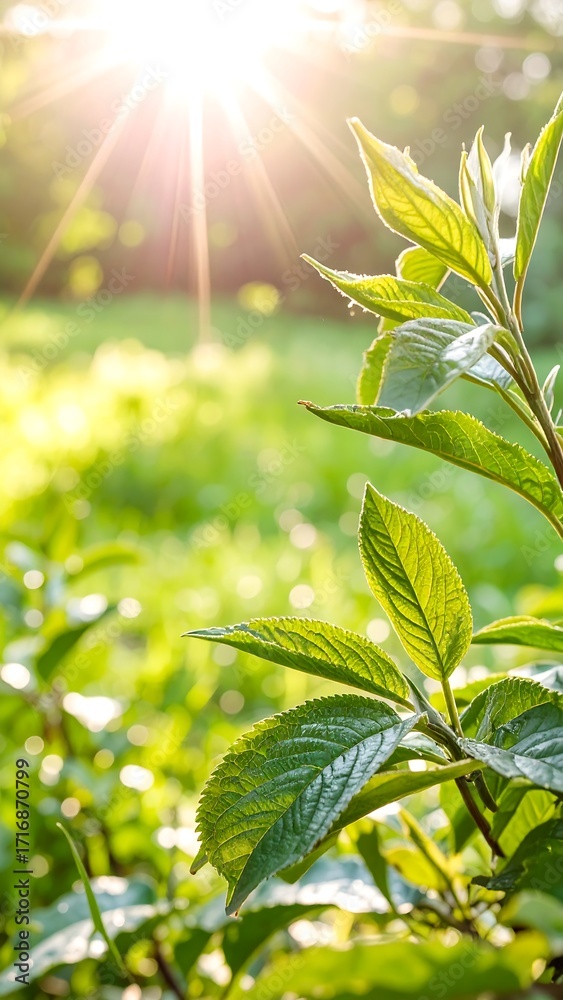 Fototapeta premium Lush green leaves bathed in sunlight (1)