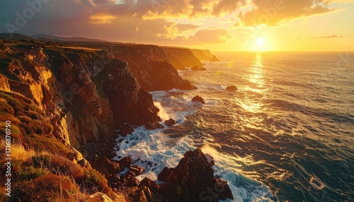 Golden Sunset Over Rocky Coastline with Sparkling Ocean Water and Cliffside Vegetation in Warm Tones and Dramatic Lighting Creating Tranquil Seascape