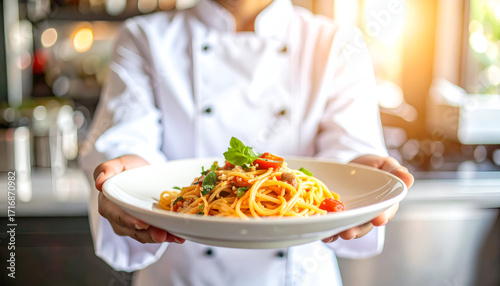 Chef Presenting a Delicious Plate of Spaghetti.