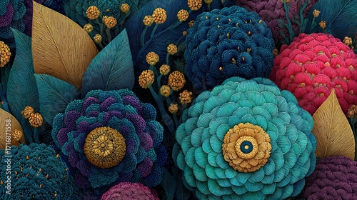 Intricate floral composition featuring various stylized blossoms and foliage