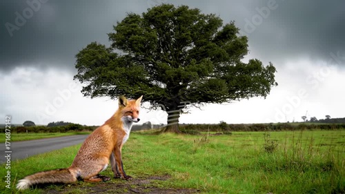Fox sits roadside near tree, moody sky