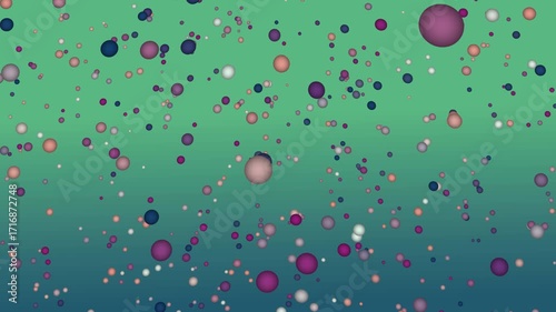 Abstract graphic design with many small, colorful circles falling on a gradient green background.