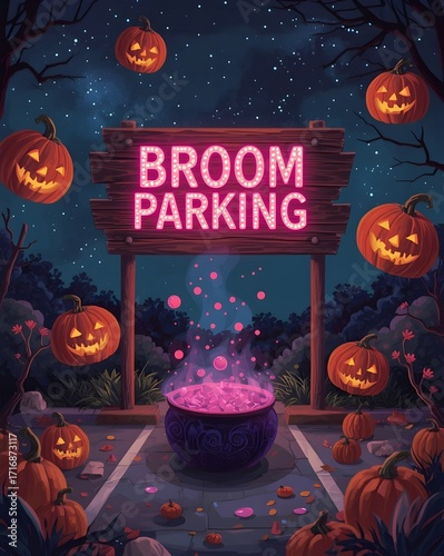 Whimsical broom parking lot with floating pumpkins and cauldron
