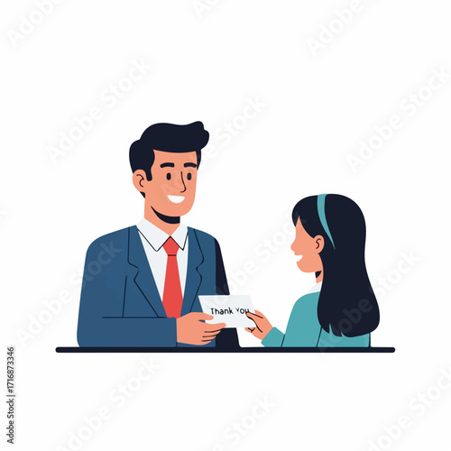 Businessman and Girl Exchanging Thank You Note.