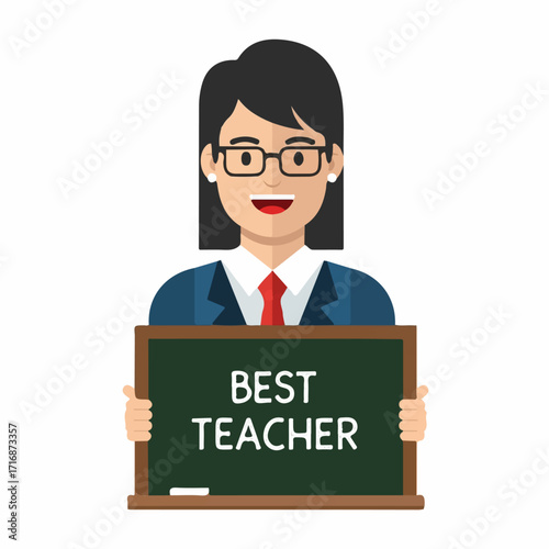 Smiling Woman Teacher Holding a Best Teacher Chalkboard Sign.