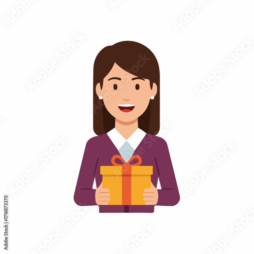 Happy Woman in Purple Blazer Holding a Gift Box with Orange Ribbon.