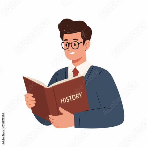 Smiling Man in Suit Reading a History Book.