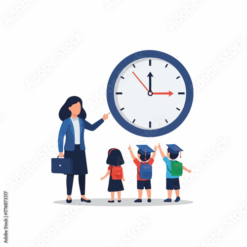 Teacher Showing Time to Students with Graduation Caps.