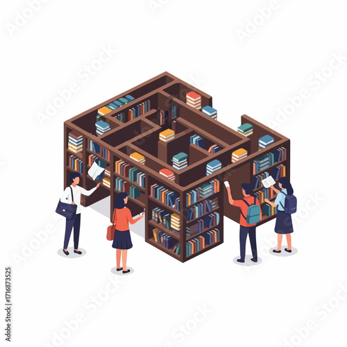 Isometric illustration of students navigating a complex wooden bookshelf maze in a library.