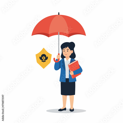 Businesswoman Holding Red Umbrella and Red Book Protecting with Shield.