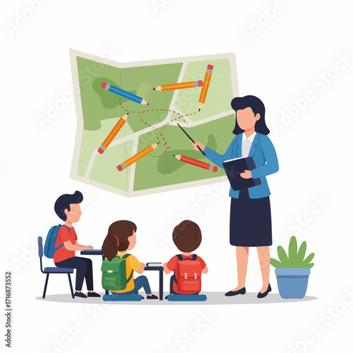 Female teacher instructing three students using a creative map with colorful pencils and a dotted path flat illustration.