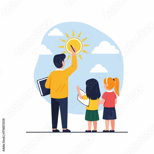 A male teacher in a yellow sweater and two young students seen from behind learning about the sun in an outdoor lesson.