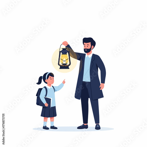 Bearded father in a dark coat holds a glowing vintage lantern for his curious schoolgirl.