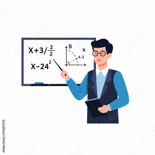 Cartoon Teacher Explaining Math Equations on Whiteboard with Pointer.