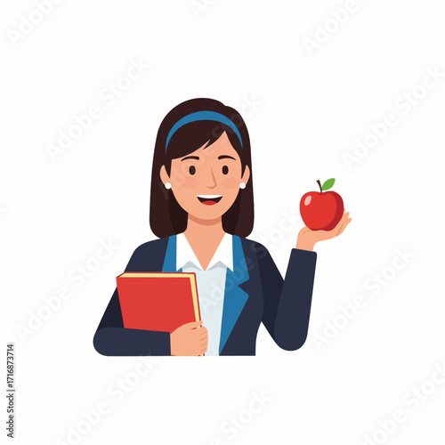 Smiling Businesswoman in Suit Holding Book and Apple.