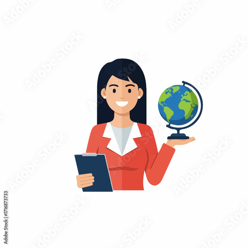 Smiling Woman in Red Blazer Holding Globe and Clipboard.