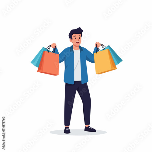 Happy Man Carrying Colorful Shopping Bags Smiling Casual Style.