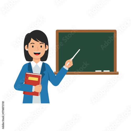 Smiling cartoon female teacher in blue blazer holding red book pointing at blank green blackboard.