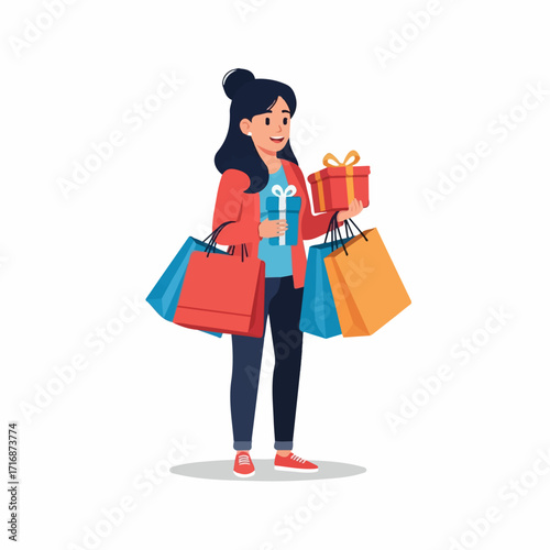 Happy Woman Holding Gifts and Shopping Bags Smiling Vector Illustration.
