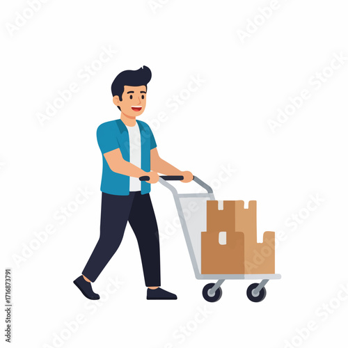 Smiling cartoon man in a blue shirt pushing a grey trolley loaded with brown cardboard boxes.