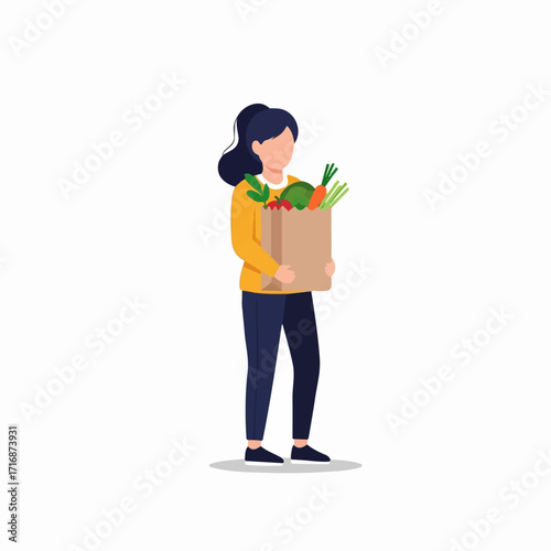Flat design illustration of a woman with dark ponytail holding a brown paper grocery bag full of fresh vegetables.