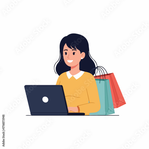 Happy woman with dark hair and a yellow sweater shopping online on a laptop with bags.