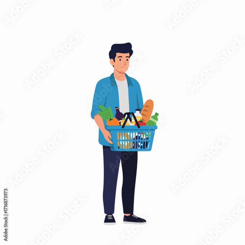 Man Holding a Blue Shopping Basket Filled with Groceries.