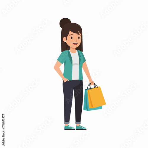 Smiling Woman Holding Shopping Bags Wearing Casual Outfit with Bun Hairstyle.