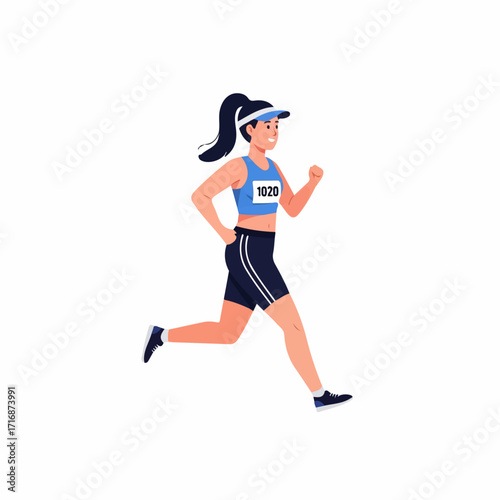 Female Runner in Blue Top and Black Shorts Energetic Stride Race Bib 1020.