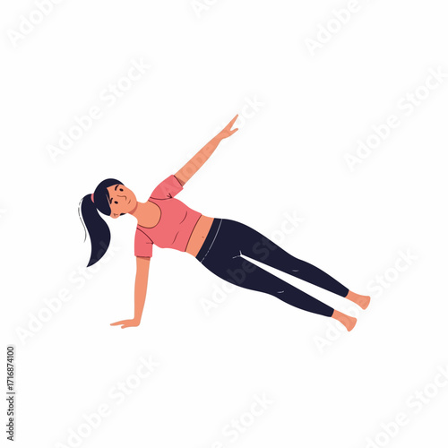 Woman in pink top and black leggings performing side plank exercise.