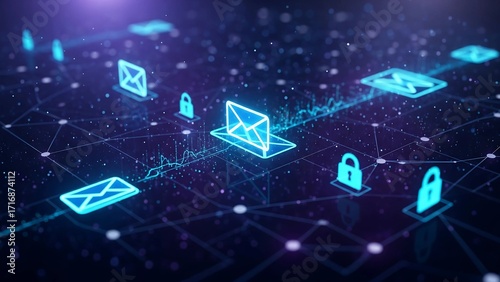 Glowing digital mail icons and security locks are connected by a futuristic network, symbolizing cybersecurity, data protection, and online communication.