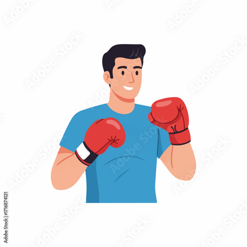 Smiling young man with dark hair in a blue shirt and red boxing gloves ready to fight.