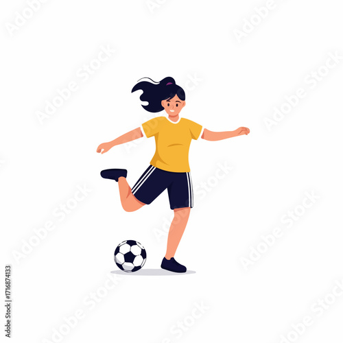 Young Woman Kicking a Soccer Ball in Athletic Attire.