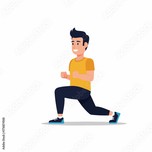 Cartoon Man in Lunge Exercise Smiling Wearing Sportswear.