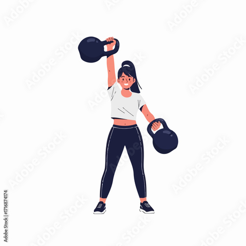 Smiling cartoon woman exercising with two kettlebells one raised overhead in a flat illustration style.