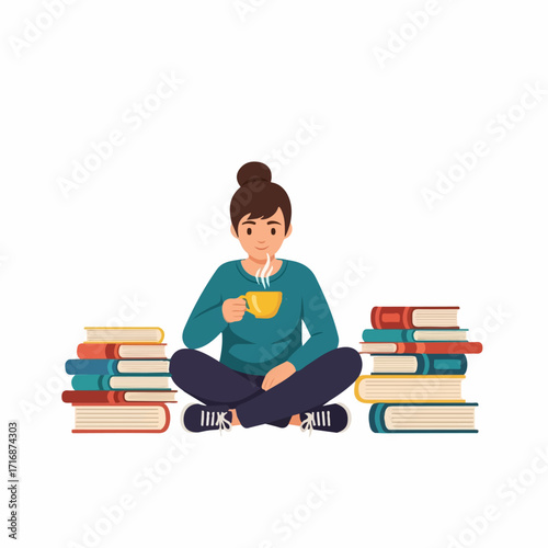 Young woman with a hair bun sitting cross-legged between book stacks holding a steaming yellow cup.