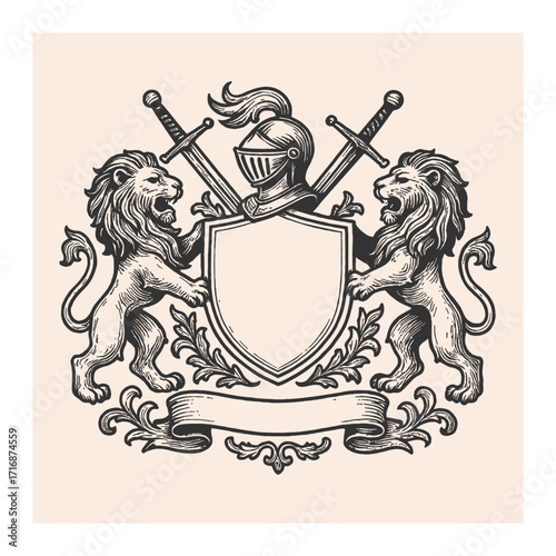 Vintage hand drawing heraldic lion logo shield coat of arms family crest logo vector