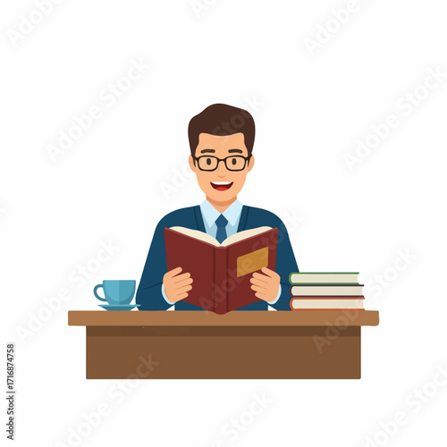 Smiling Man Reading Book with Glasses Sitting at Desk Happy Expression.