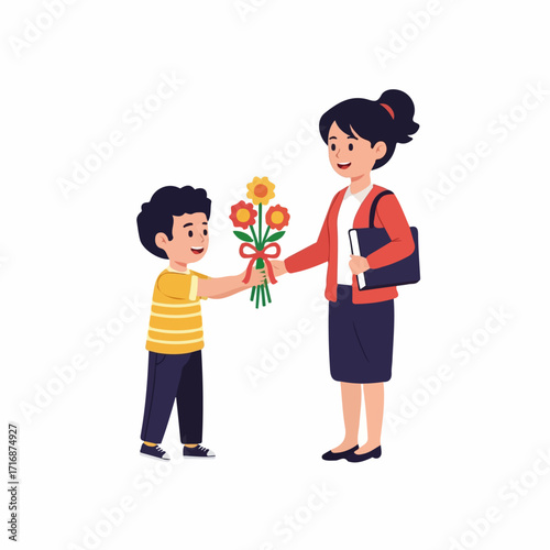 Young boy presents a vibrant bouquet of flowers to his teacher.