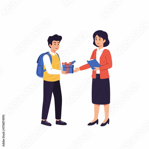 Student presents a gift to a teacher with a book.