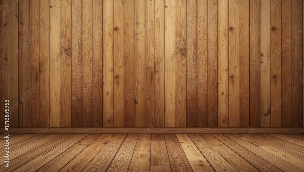 Naklejka premium A neutral, empty room with warm-toned wood paneling and flooring, creating a cozy and rustic atmosphere.