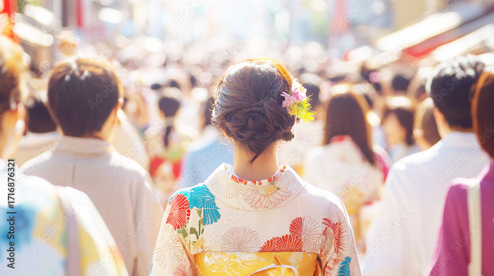 Obraz premium 祭りの人混みの中で浴衣を着た女性の後ろ姿 