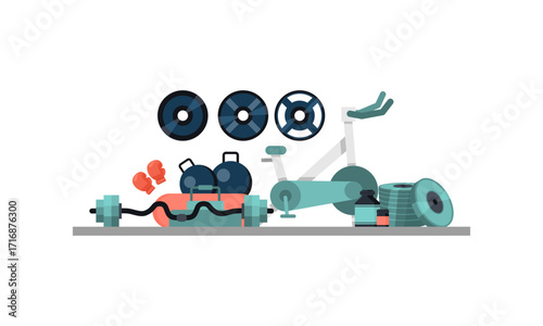 Gym flat style. Kettlebell and punching, bag, fingerboard and bodybuilding, vector illustration