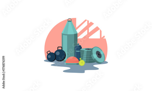 Equipment for fitness and workout vector illustration. Machine, Dumbbell, bottle, ball set flat style. Sport, weight loss, activity, gym concept