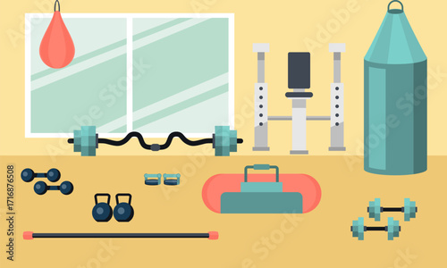 Sport Gym Interior Workout Equipment Copy Space Flat Vector Illustration